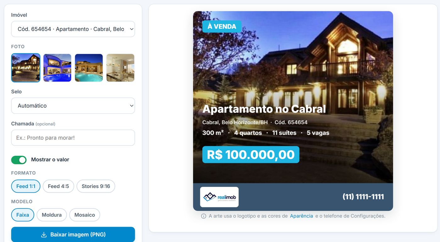 Gerador de posts para redes sociais com a arte do imóvel